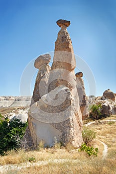 Unique geological rock formations Fairy Chimneys in Cappadocia. Popular touristic area in Turkey