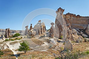 Unique geological rock formations Fairy Chimneys in Cappadocia. Popular touristic area in Turkey