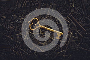 Unique gold key on pile of vintage skeleton keys. Concept for individual or uniqueness, unlocking potential, or stand out from the