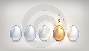 Unique golden egg with golden dollar symbols among ordinary white eggs, concept of forecasting financial and investment success