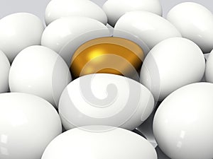 Unique golden egg among white eggs