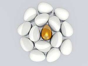 Unique golden egg among white eggs