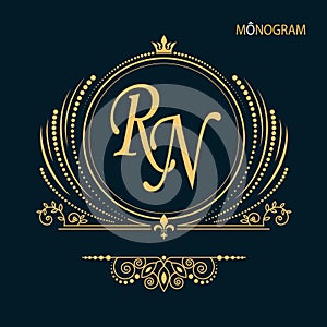 A unique graceful monogram template. Golden leaf ornament. Originality and luxury. Place for text. Vector. photo