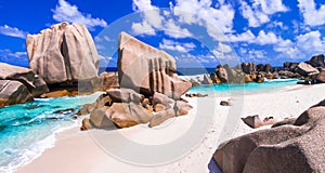 Unique granite rocky beach Anse Marron in La Digue island, Seych photo