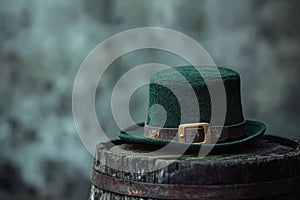 Unique green felt hat resting on a barrel Generative AI photo