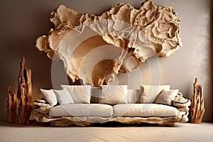 Unique hand crafted sofa on clay or stone base. Decorative wooden logs as home decor against stucco wall with abstract clay