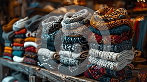 handmade winter fashion, unique hand-knit sweaters and scarves showcased, perfect for winter fashion photo