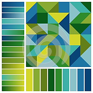 Unique Harmonious Color Palette with Geometric Composition and Blue, Green, Yellow Color Swatches and Gradients