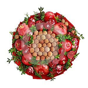 Unique homemade edible bouquet consisting of red fruits and flowers isolated on white background