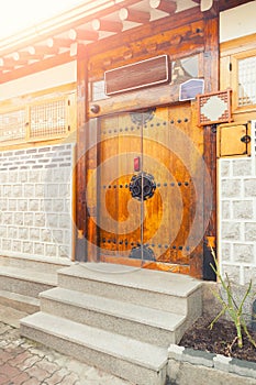 Unique house gate of resedential area at Seochon Hanok Village in Seoul, South Korea photo