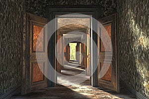 Unique house structure featuring numerous doors leading into an unseen void in a highly detailed setting