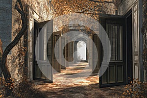 Unique house structure featuring numerous doors leading into an unseen void in a highly detailed setting