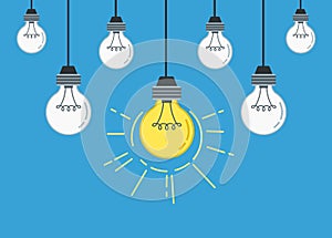 Unique idea. Hanging light bulbs with one glowing and shine. Working solution concept flat vector Illustration