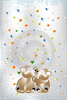 Unique illustration of two cuddling teddies and colorful translucent hearts in front of silver background with deep blue stripes