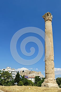 A unique and interesting view of one standing doric column from  the Temple of Olympian Zeus in Athens, Greece.