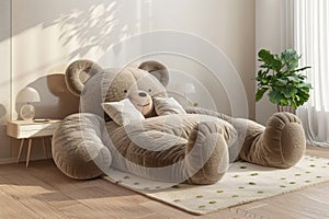 Unique interior of a children's bedroom with a bed made in the shape of a giant teddy bear