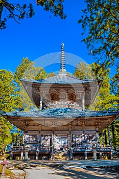 Unique Japan Destinations. View of Danjo Garan Sacred Temple with Konpon Daito Great pagoda at Mount Koyasan in Japan