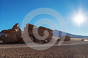 Unique landscape of the Siloli Desert with Stone Tree Arbol de Piedra in the valley of rocks, Bolivia