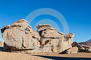 Unique landscape of the Siloli Desert with Stone Tree Arbol de Piedra in the valley of rocks, Bolivia