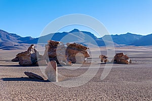 Unique landscape of the Siloli Desert with Stone Tree Arbol de Piedra in the valley of rocks, Bolivia