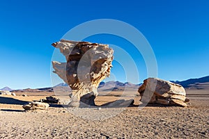 Unique landscape of the Siloli Desert with Stone Tree Arbol de Piedra in the valley of rocks, Bolivia