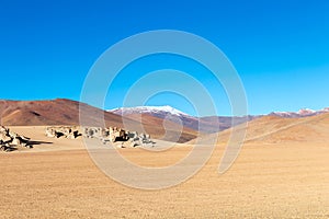 Unique landscape of the Siloli Desert with Stone Tree Arbol de Piedra in the valley of rocks, Bolivia