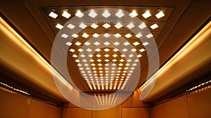 A unique lighting feature in a yacht cabin where small diamondshaped lights are arranged in a gridlike pattern on the