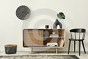 Unique living room in modern style interior with design wooden commode, black chair, rattan decoration, copy space, book, carpet.