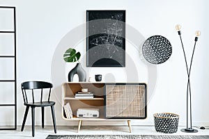 Unique living room in modern style interior with design wooden commode, chair,  rattan decoration, mock up poster map, carpet.