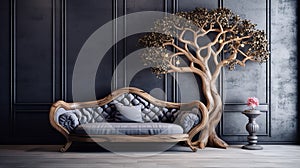 unique luxury rustic handmade loveseat sofa in room with abstract wooden tree decorative column