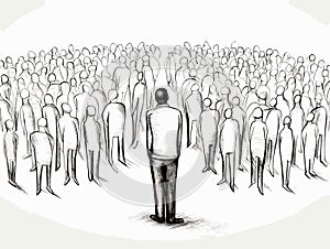 Unique man standing out from the crowd of regular man in hand-drawn style