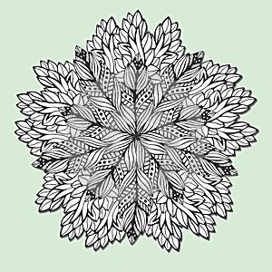 Unique mandala with leaves. Round zentangle for coloring book pages. Circle ornament pattern for henna tattoo design