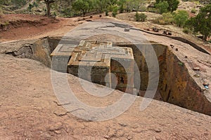 Unique monolithic rock-hewn Church of St. George, UNESCO World heritage, Lalibela, Ethiopia.