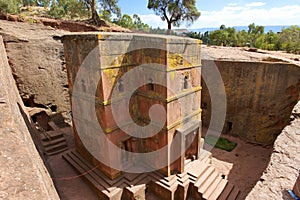 Unique monolithic rock-hewn Church of St. George, UNESCO World heritage, Lalibela, Ethiopia.