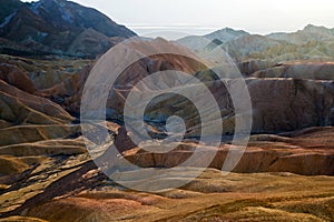 Unique natural beauty of hill shaped landscape in lifeless desert at Death Valley National Park, Zabriskie Point, California USA