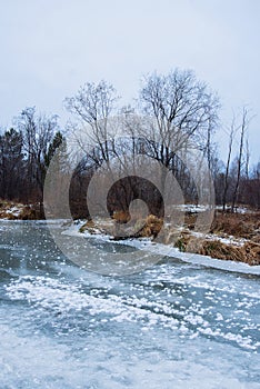 Unique natural phenomenon. Fancy ice on the surface of a frozen pond.