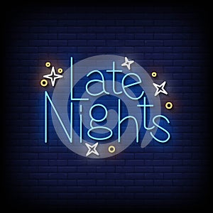 Late Night Neon Sign On Brick Wall Background Vector