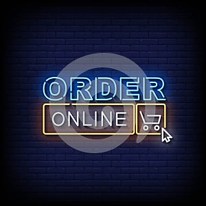 Order Online Neon Sign On Brick Wall Background Vector