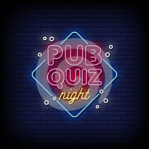 pub quiz night neon Sign on brick wall background photo