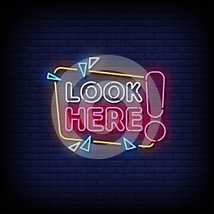 Neon Sign look here with brick wall background vector