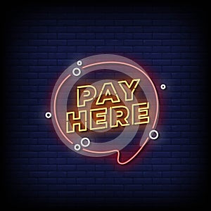 Neon Sign pay here with Brick Wall Background Vector