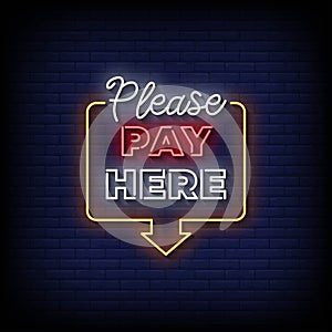 Neon Sign pay here with brick wall background vector