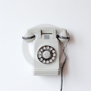 Unique Old Phone On White Surface: Muted Colorscape Mastery And Precisionism Influence