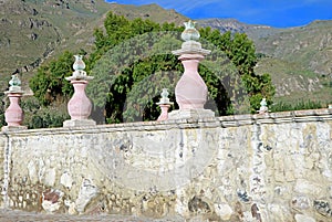 Unique Outer Wall of Church of Santa Ana de Maca near the Colca Canyon, Arequipa region of Peru photo