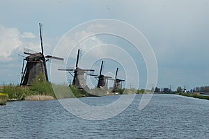 Typical panoramic view with windmills in Kinderdijk, Holland photo