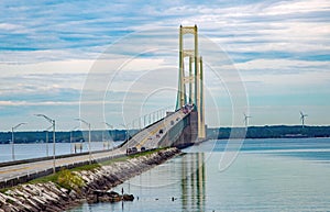 A unique perspective of the Mackinac Bridge spanning the Straits of Mackinac