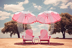 Unique Pink beach surreal umbrella. Generate Ai