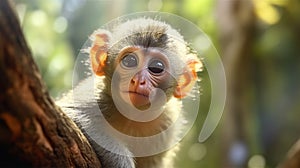 unique portrait of baby monkey in jungle on a sunny day