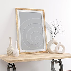 Unique portrait wood picture, photo frame on a wooden table