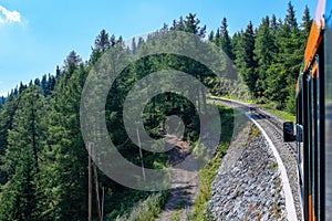 Unique rack railway to the top of Schneeberg mountain in the Austrian Alps. View from the train photo